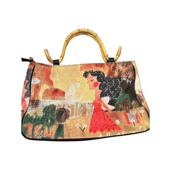 Chico's Women's Bamboo Handles White Cat Beaded Tote Handbag - Picture 1 of 9